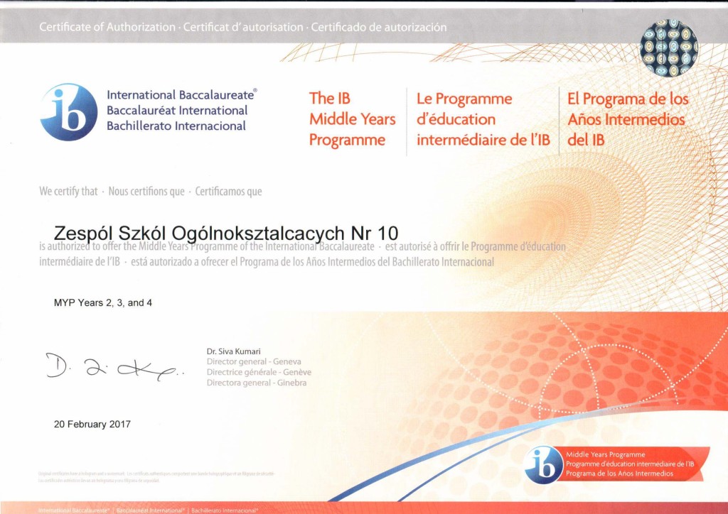 Certificate of Authorization MYP - ZSO Nr 10 Gliwice-1