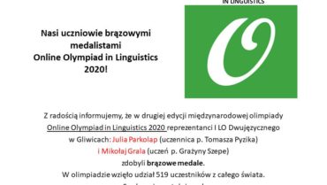 Nasi uczniowie brązowymi medalistami Online Olympiad in Linguistics 2020!