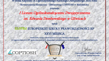 Kolejny sukces uczniów i nauczycieli naszej szkoły – uzyskaliśmy status ZŁOTEJ EUROPEJSKIEJ SZKOŁY PRAWORZĄDNOŚCI RP 2020 r.
