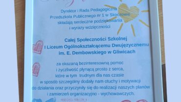 Akcja “Szkoły Szkołom” –  pomogliśmy przedszkolu Nr 1 w Skoczowie