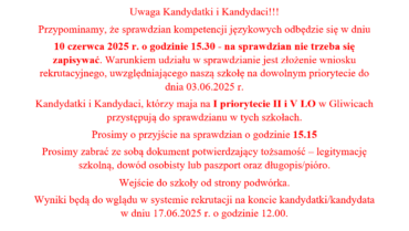 Ważna wiadomość dla Kandydatek i Kandydatów – szczegółowe informacje o sprawdzianie kompetencji językowych 10.06.2025, godz. 15.30