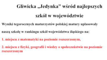 Gliwicka „Jedynka” wśród najlepszych szkół  w województwie w polskiej Maturze