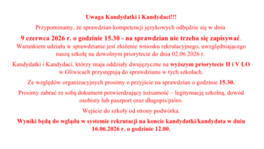 Informacja dla Kandydatek i Kandydatów o sprawdzianie kompetencji językowych